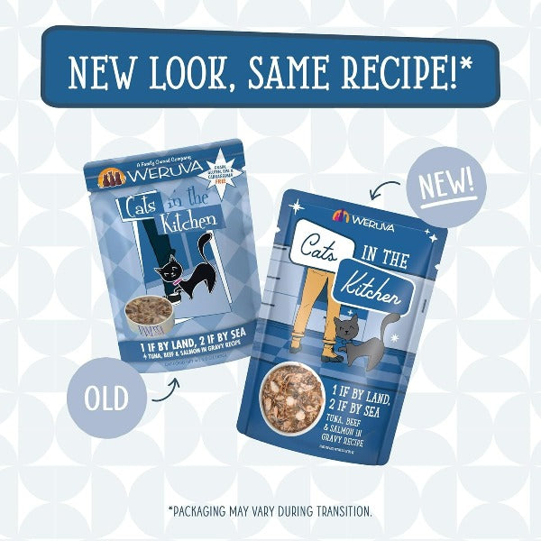 Premium Cat Food Pouch - Cats in the Kitchen with Wild-Caught Tuna, Grass-Fed Beef, and Wild-Caught Salmon - 1 if By Land, 2 if By Sea