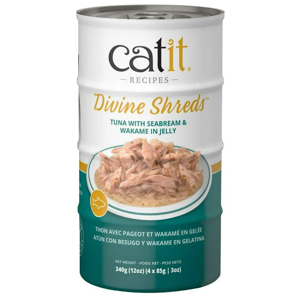 Catit Premium Divine Shreds Tuna with Seabream and Wakame in Jelly - Canned Cat Food Topper Set of 4 Cans