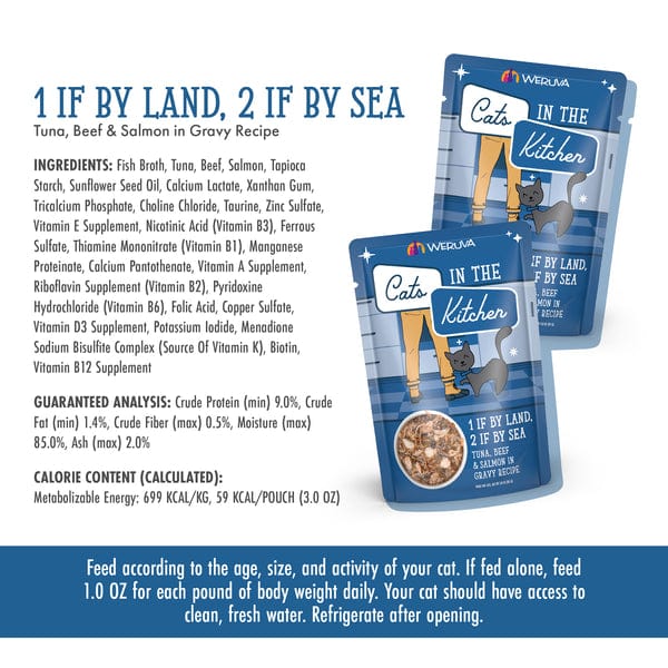 Premium Cat Food Pouch - Cats in the Kitchen with Wild-Caught Tuna, Grass-Fed Beef, and Wild-Caught Salmon - 1 if By Land, 2 if By Sea