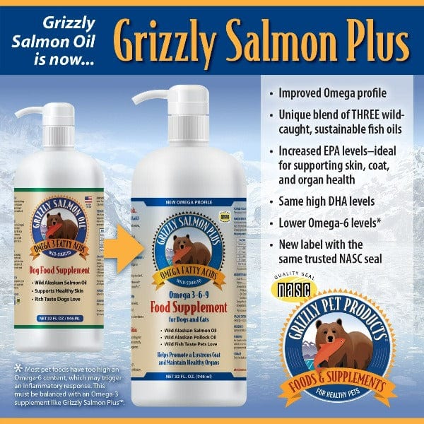 Grizzly Wild Alaskan Salmon Omega 3-6-9 Dog Food Supplement for Optimal Pet Health