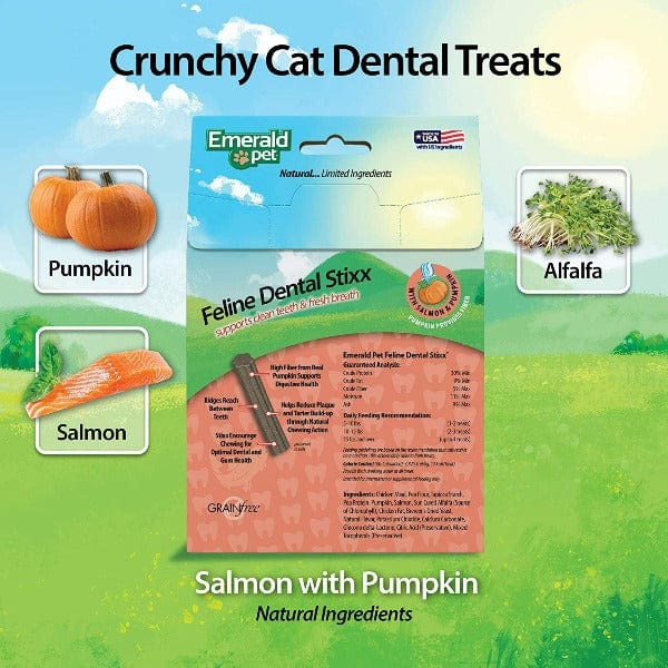 Emerald Pet Salmon & Pumpkin Flavored Feline Dental Sticks for Teeth Care