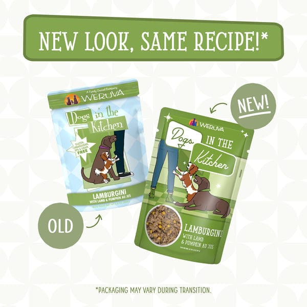 Premium Lamburgini Pouch Dog Food for Dogs in the Kitchen