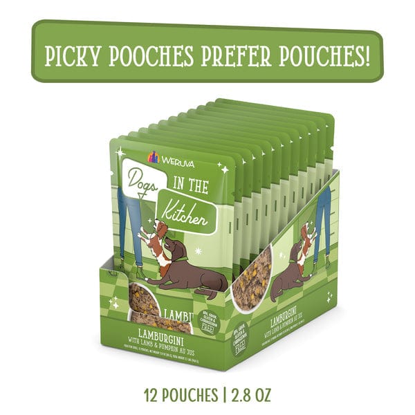Premium Lamburgini Pouch Dog Food for Dogs in the Kitchen