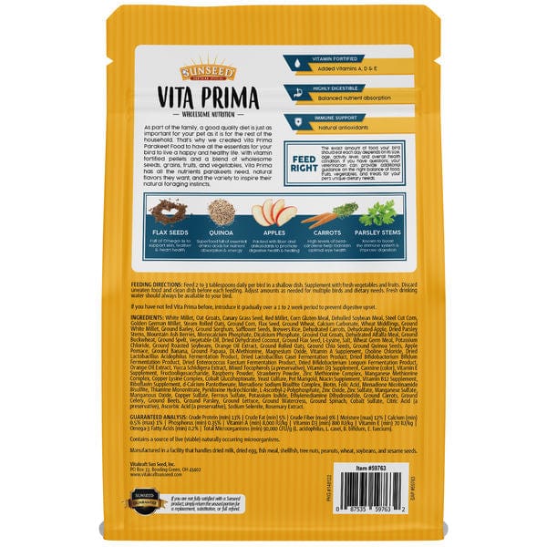 Sunseed Vita Prima Premium Parakeet Diet with Nutrient - rich Blend