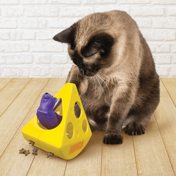 KONG Brand Interactive Cheese-shaped Rewards Rocker Cat Toy with Inner Mouse and Bell