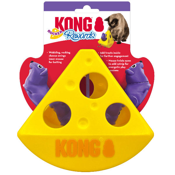 KONG Brand Interactive Cheese-shaped Rewards Rocker Cat Toy with Inner Mouse and Bell