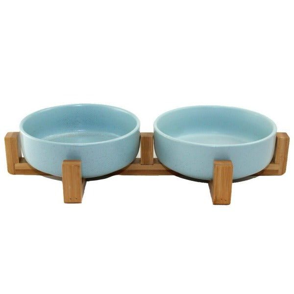 Luxurious Double Ceramic Pet Bowls with Elegant Bamboo Stand