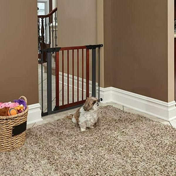 MidWest Durable Steel Pet Gate with Textured Graphite Frame and Decorative Wood Door