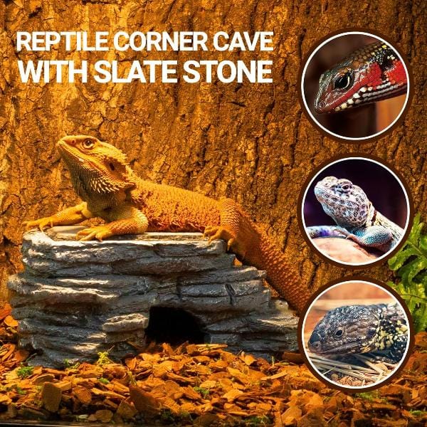 Reptizoo High - Quality Resin Corner Hide Cave with Heat - Absorbing Slate Stone