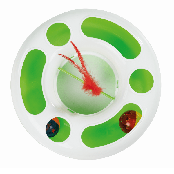 M-PETS Adjustable Track Cat Play Discus Toy with Feathers and Jingle Balls