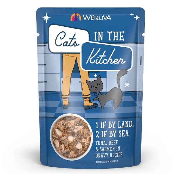 Premium Cat Food Pouch - Cats in the Kitchen with Wild-Caught Tuna, Grass-Fed Beef, and Wild-Caught Salmon - 1 if By Land, 2 if By Sea