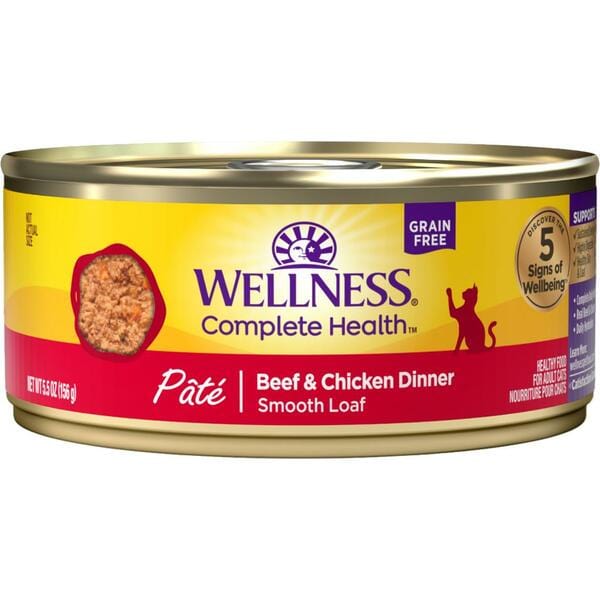 Wellness Complete Health Canned Grain - Free Pate Dinner Cat Food with Real Beef and Chicken, 5.5 Ounce