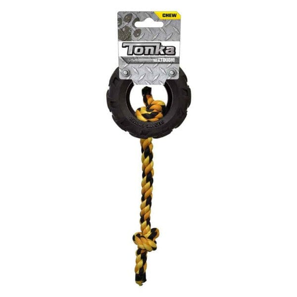 Tonka Durable Mighty Chomp Tire Shaped Dog Tug Toy with Rope for Energetic Puppies
