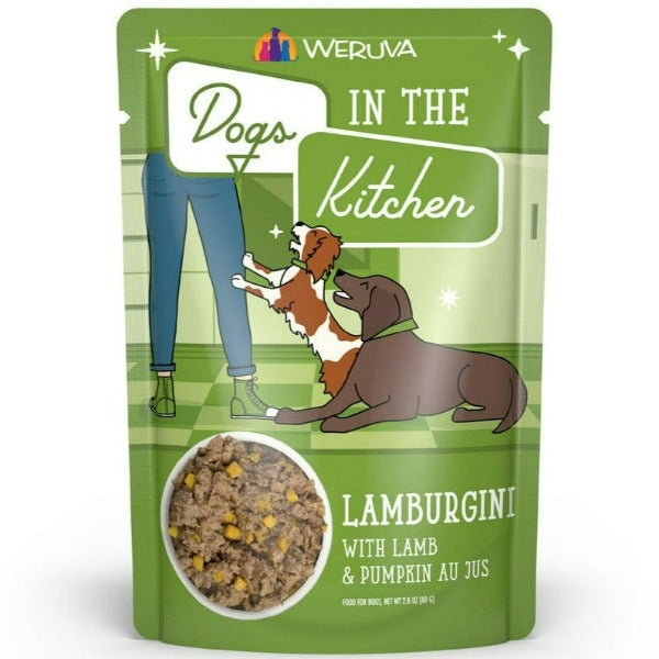 Premium Lamburgini Pouch Dog Food for Dogs in the Kitchen