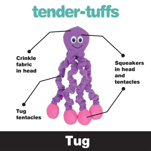 Soft and Stretchy Purple Octopus-Shaped Interactive Dog Chew Toy by Tender-Tuffs