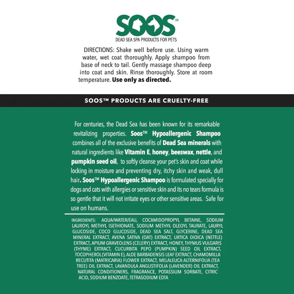 Soos Pets Premium Natural Hypoallergenic Shampoo for Allergic and Sensitive Pets