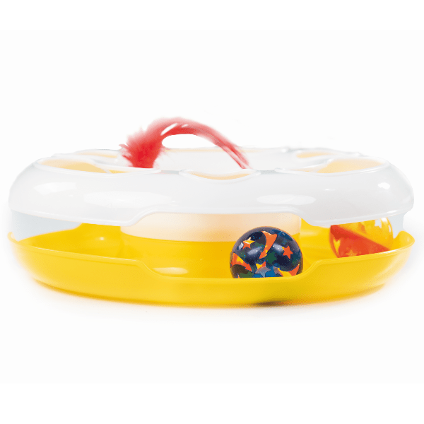M-PETS Adjustable Track Cat Play Discus Toy with Feathers and Jingle Balls