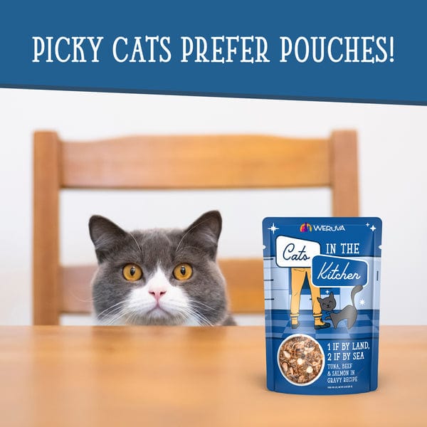 Premium Cat Food Pouch - Cats in the Kitchen with Wild-Caught Tuna, Grass-Fed Beef, and Wild-Caught Salmon - 1 if By Land, 2 if By Sea