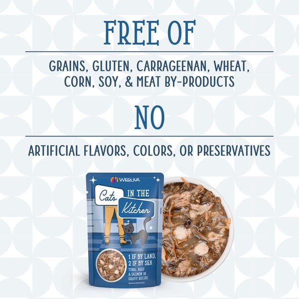 Premium Cat Food Pouch - Cats in the Kitchen with Wild-Caught Tuna, Grass-Fed Beef, and Wild-Caught Salmon - 1 if By Land, 2 if By Sea