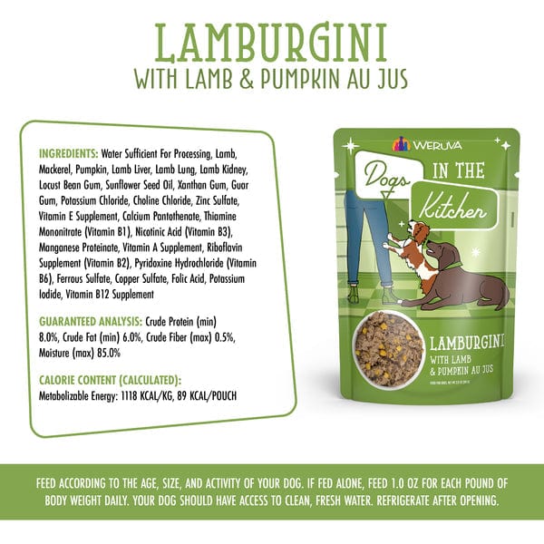 Premium Lamburgini Pouch Dog Food for Dogs in the Kitchen