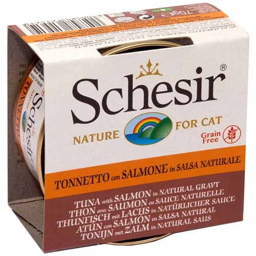Schesir Adult Wet Cat Food: Tuna Entrée with Salmon in Natural Gravy