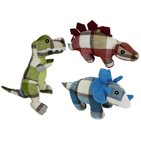 Multipet Assorted Cuddle Buddies Plaid - Printed Dinosaur - Shaped Dog Toys
