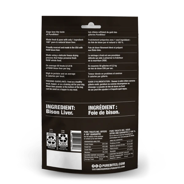 PureBites 60g Wild Freeze - Dried USA Bison Liver Dog Treats