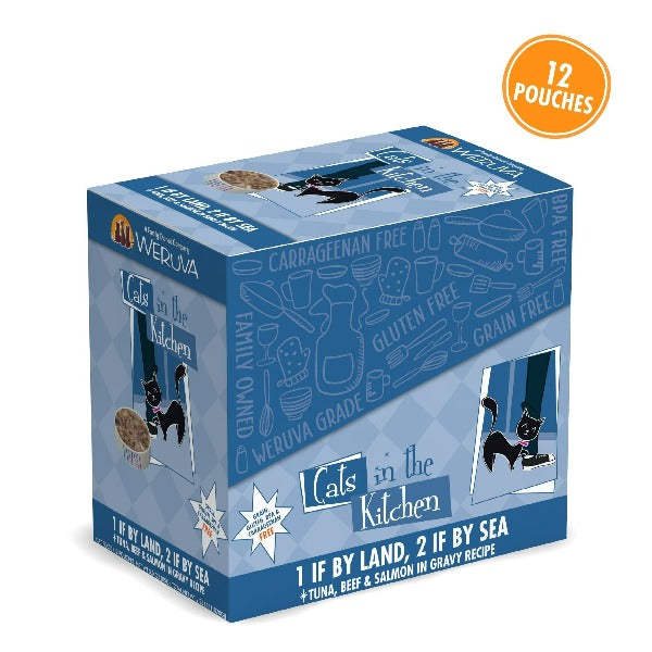 Premium Cat Food Pouch - Cats in the Kitchen with Wild-Caught Tuna, Grass-Fed Beef, and Wild-Caught Salmon - 1 if By Land, 2 if By Sea