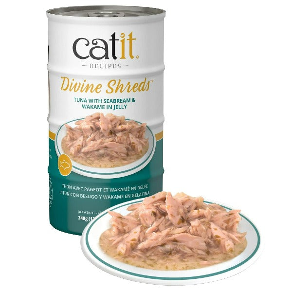 Catit Premium Divine Shreds Tuna with Seabream and Wakame in Jelly - Canned Cat Food Topper Set of 4 Cans