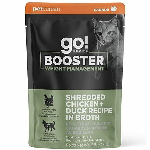 Go! Solutions Booster Premium Wet Cat Food for Weight Management - Shredded Chicken and Duck in Bone Broth