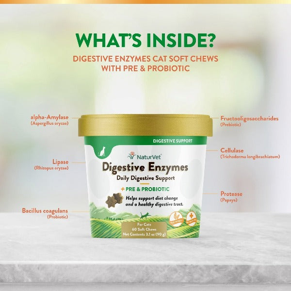 NaturVet Premium Digestive Enzymes Soft Chews with Prebiotics and Probiotics for Feline Companions