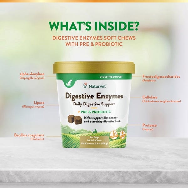 NaturVet Digestive Support Soft Chews with Enzymes, Prebiotics & Probiotics for Dogs