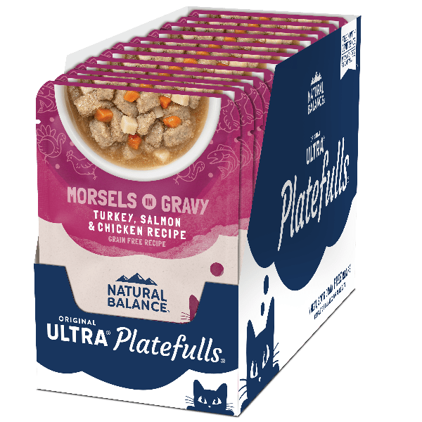 Natural Balance Platefulls Soft Cat Food Pouches: Turkey, Salmon & Chicken Recipe in Gravy
