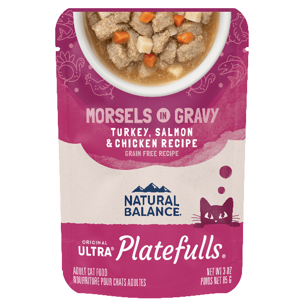 Natural Balance Platefulls Soft Cat Food Pouches: Turkey, Salmon & Chicken Recipe in Gravy